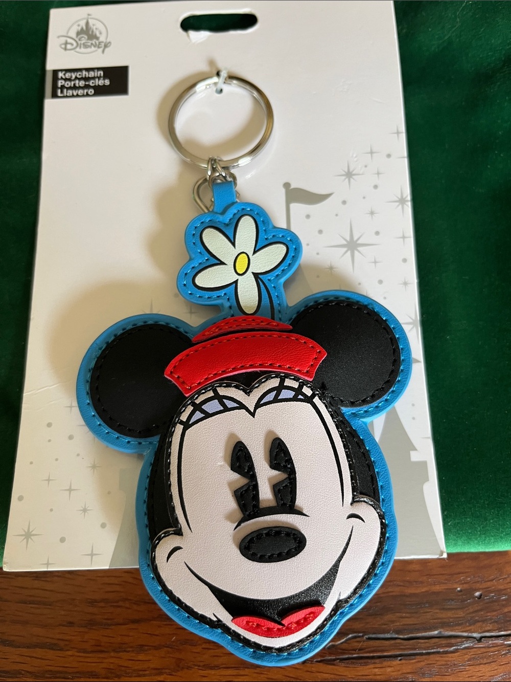 Disney Minnie Mouse Blue and Black Flower Keychain with Red Hat Accent